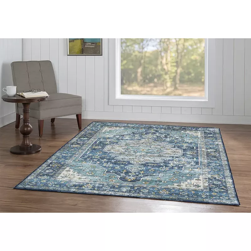 Wardley Teal And Ivory 5X7 Washable Area Rug
