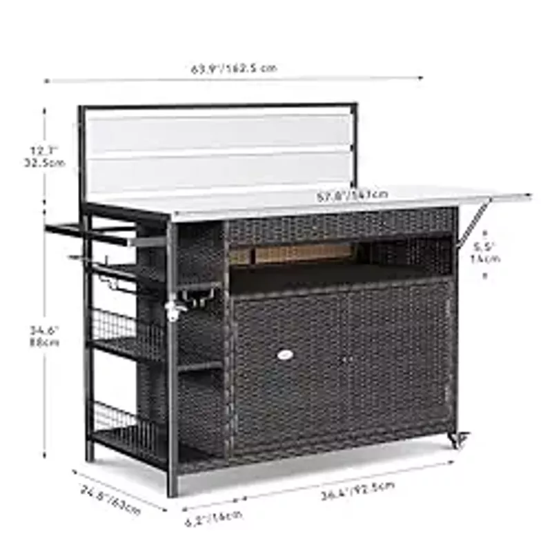 YITAHOME XL Outdoor Kitchen Wicker Island Rolling Cart & Storage Cabinet, Wheels and Stainless Steel Extended Table Top, Side handle for Patio Kitchen or Bar Cart, Dark Brown