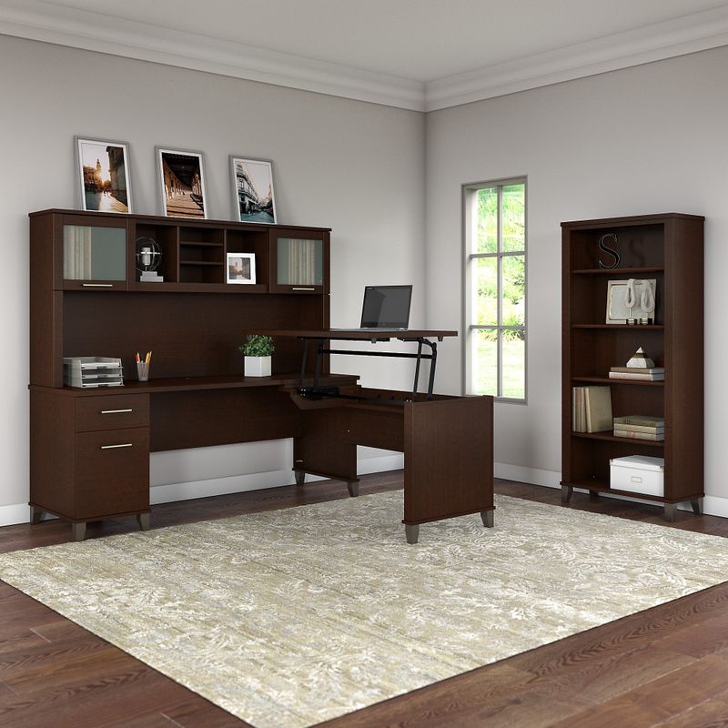 Somerset 72W Sit to Stand L-Desk with Hutch and Bookcase in Ash Gray - Maple Cross