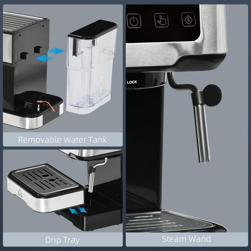 HOMCOM Espresso Machine with Milk Frother Wand, 15-Bar Pump Coffee Maker with 1.5L Removable Water Tank for Espresso - Black, Silver -...