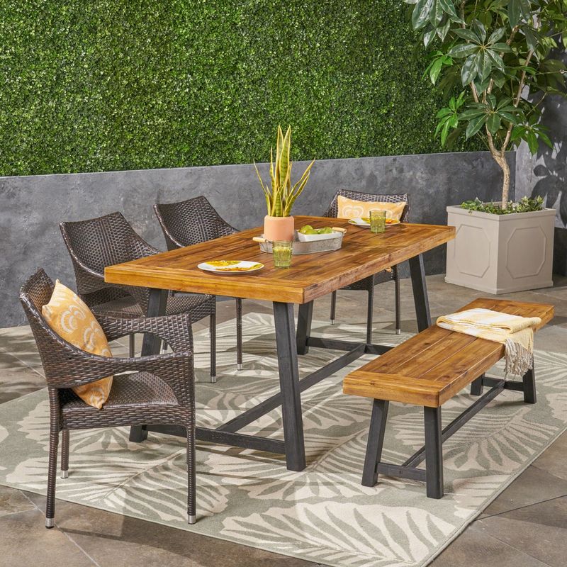 Brecken Outdoor 6 Piece Wood and Wicker Dining Set with Stacking Chairs and Bench  by Christopher Knight Home - sandlblast grey + black...
