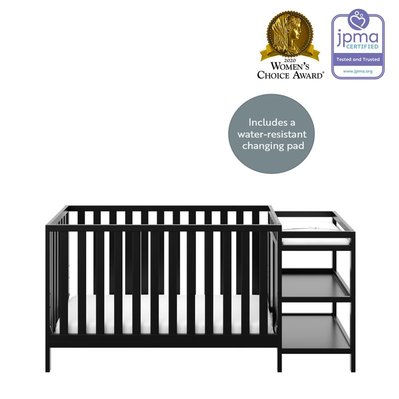 Storkcraft Pacific 4-in-1 Convertible Crib and Changer - 2 Open Shelves, Water-Resistant Vinyl Changing Pad with Safety Strap - Espresso