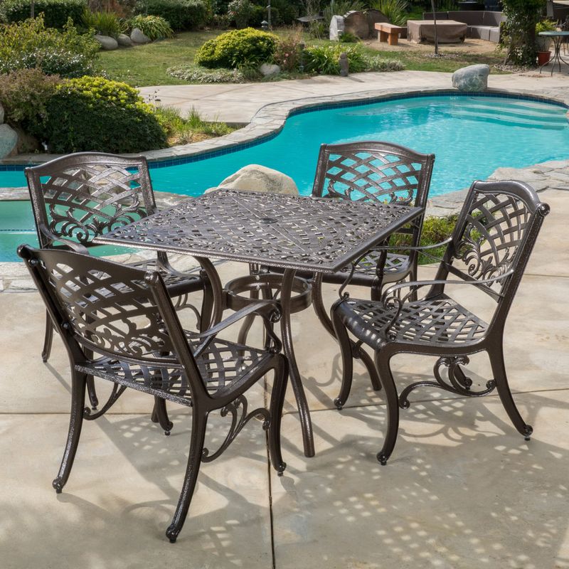 Outdoor Hallandale 5-piece Cast Aluminum Square Bronze Dining Set by Christopher Knight Home - Bronze