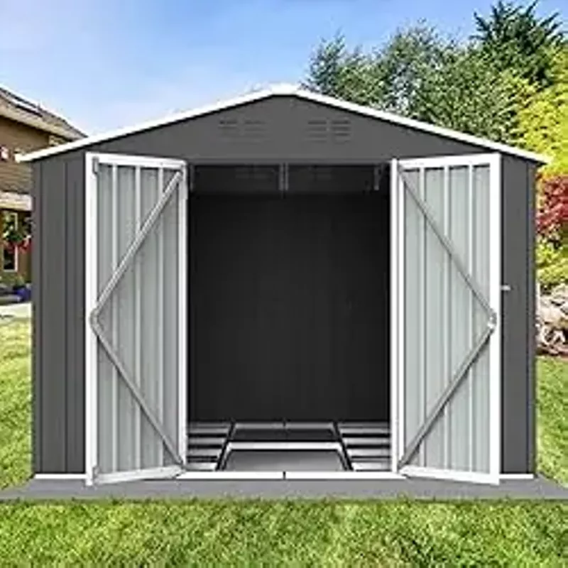 Goohome 8FT x 6FT Metal Outdoor Storage Shed, Steel Utility Tool Shed Storage House w/Lockable Door & Lock, Metal Sheds Outdoor Storage for Backyard Patio Lawn & Outside Use