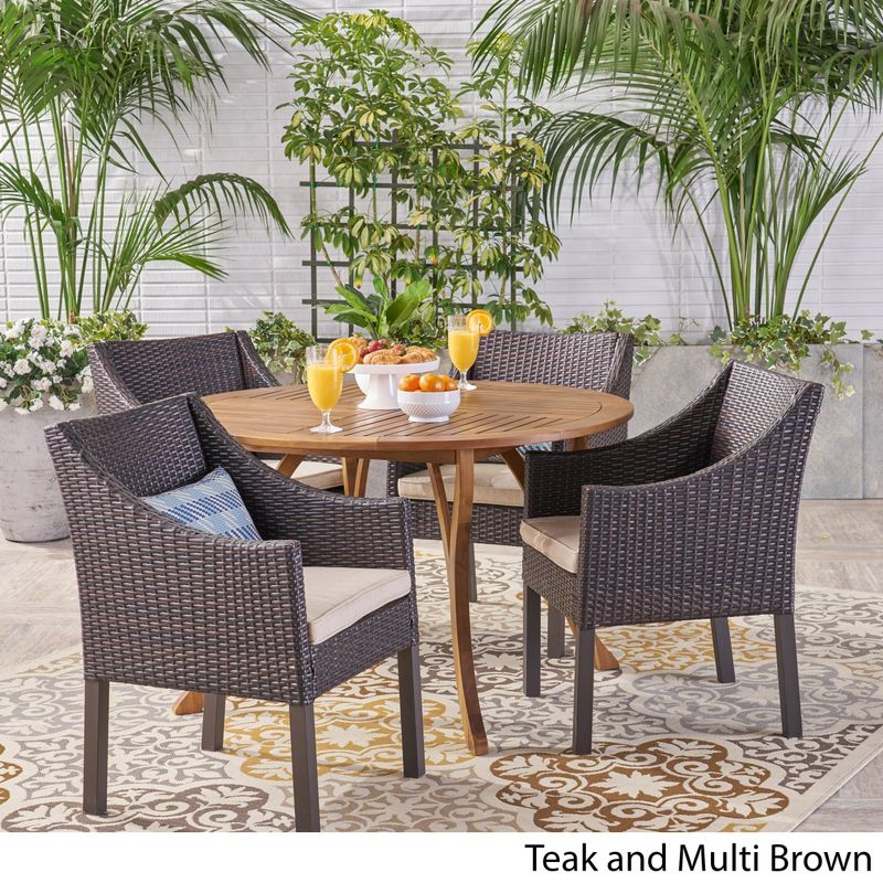 Kingston Outdoor 5 Piece Acacia Wood and Wicker Dining Set by Christopher Knight Home - Beige/Teak/multi brown