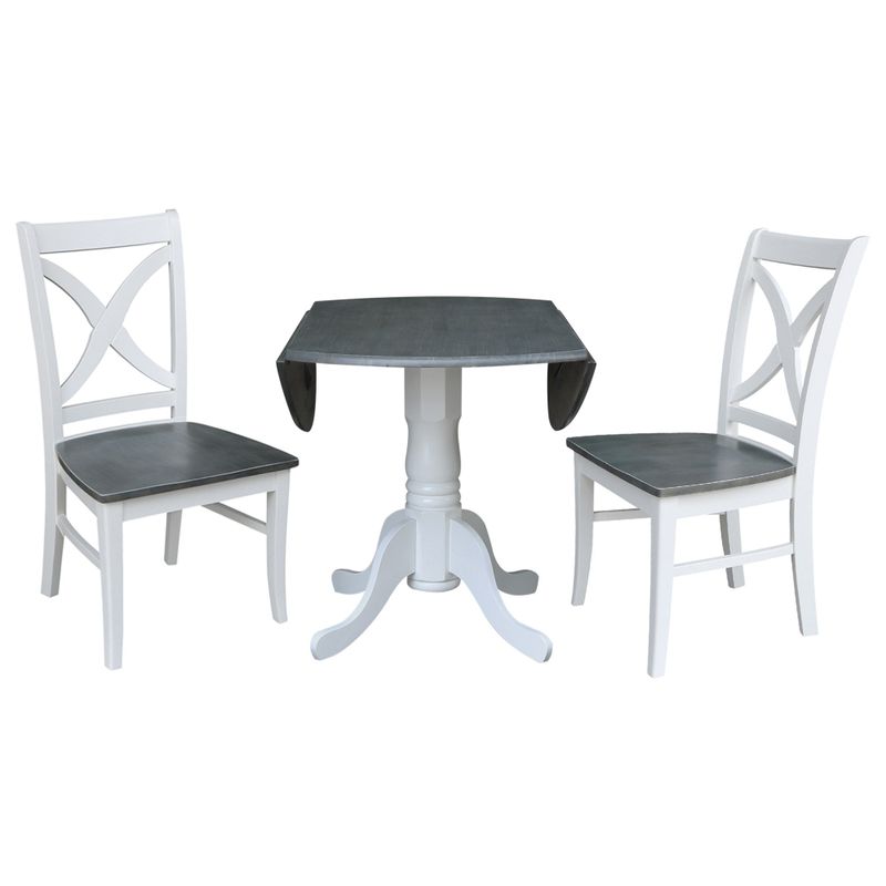42 in. Drop Leaf Dining Table with 2 X-back Chairs - 3 Piece Set - 42 in. W x 42 in. D x 29.5 in. H - White/Heather Gray