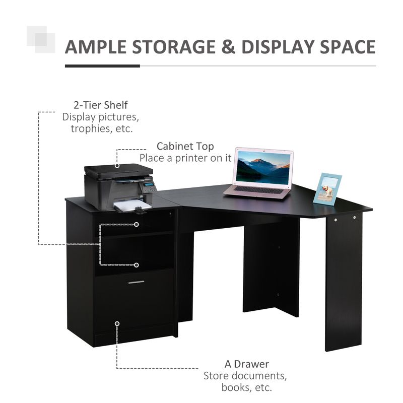 HOMCOM Computer Desk with Printer Cabinet, L-Shaped Corner Desk with Storage, Study PC Workstation for Home Office - Cherry