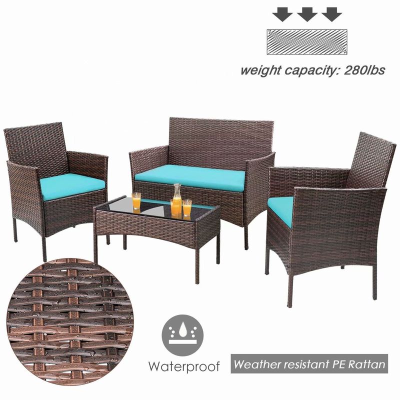 4 Pieces Patio Wicker Furniture Sets Outdoor Indoor Use chair Sets - Brown/Blue
