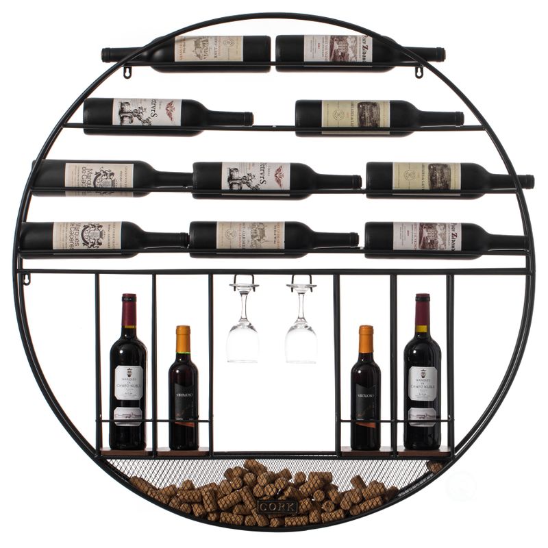 Vintage Decorative Modern Black Metal Round Wall Mounted Wine Display Rack with Cork and Glass Holder - Unassembled