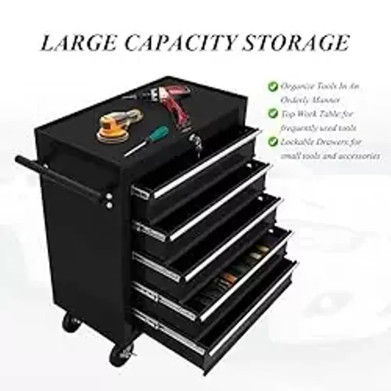 5 Drawer Rolling Tool Box,Locking Tool Chest With Drawers,Tool Cabinets On Wheels for Garage Storage,Warehouse,Workshop,Repair Shop Mechanic Tool Cart Black