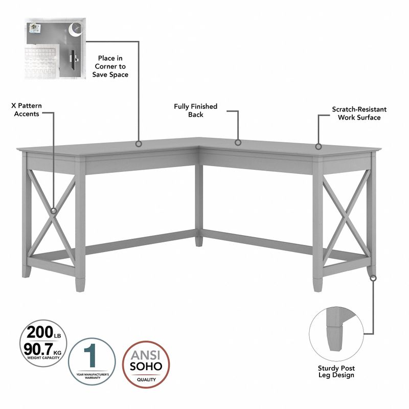 Key West 60W L Shaped Desk with Mobile File Cabinet by Bush Furniture - Shiplap Gray/Pure White