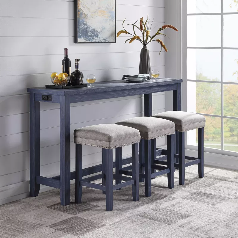 Rustic Wood 4-Piece Counter Height Dining Set in Antique Blue/Gray