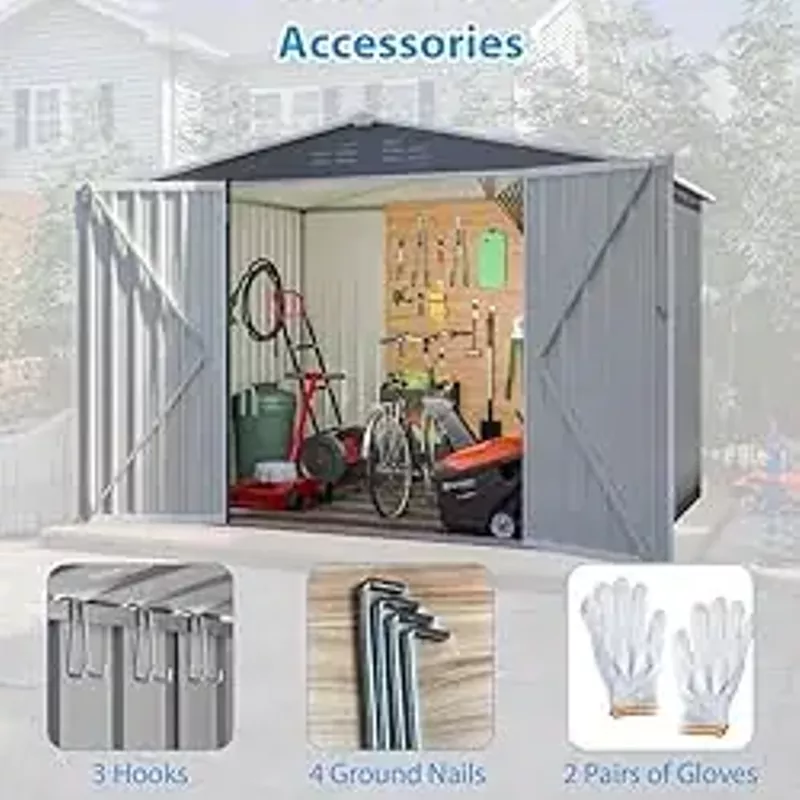 Goohome Metal Outdoor Storage Shed 8FT x 6FT, Steel Utility Tool Shed Storage House w/Lockable Doors & Air Vent, Floor Base, Metal Sheds Outdoor Storage for Backyard Garden Patio Lawn