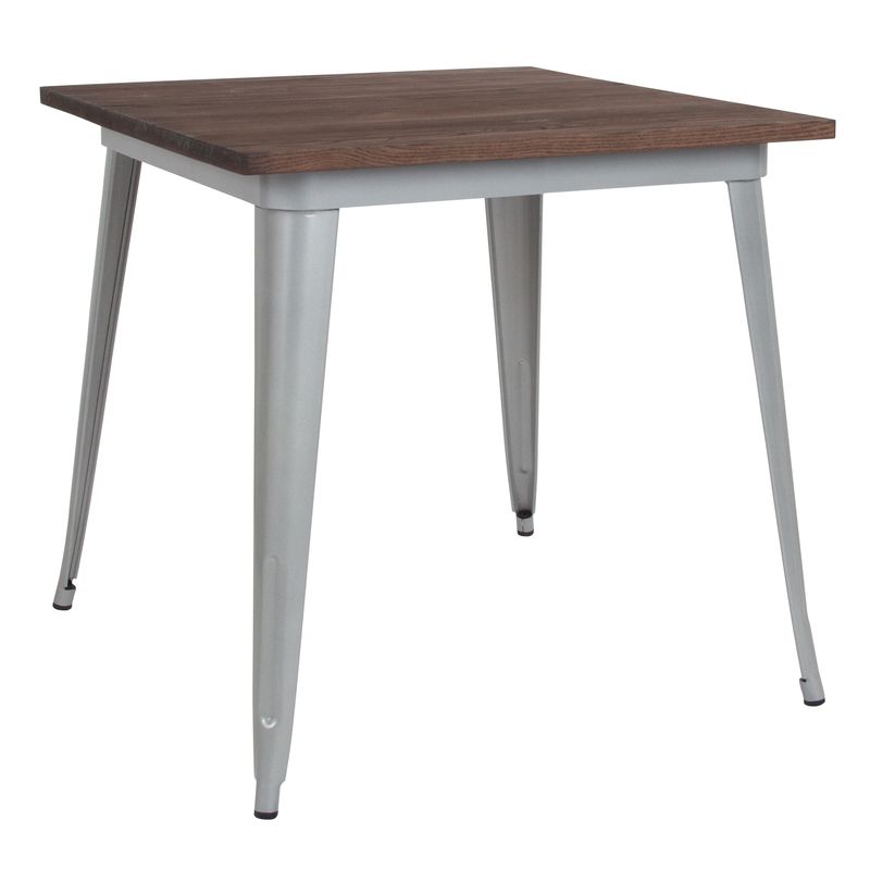31.5" Square Metal Indoor Table with Rustic Wood Top - Silver
