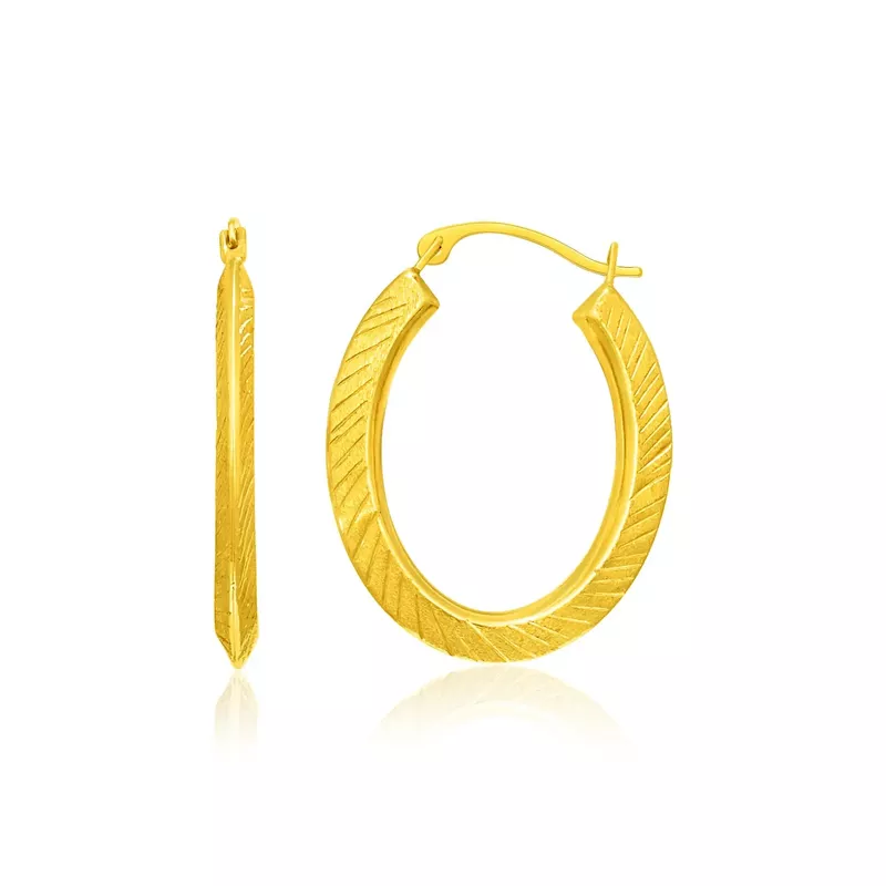 14k Yellow Gold Oval Line Texture Hoop Earrings