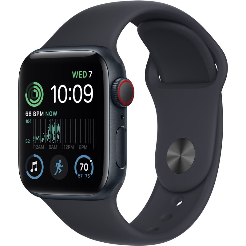 Front Zoom. Apple Watch SE 2nd Generation (GPS + Cellular) 40mm Aluminum Case with Midnight Sport Band - S/M - Midnight