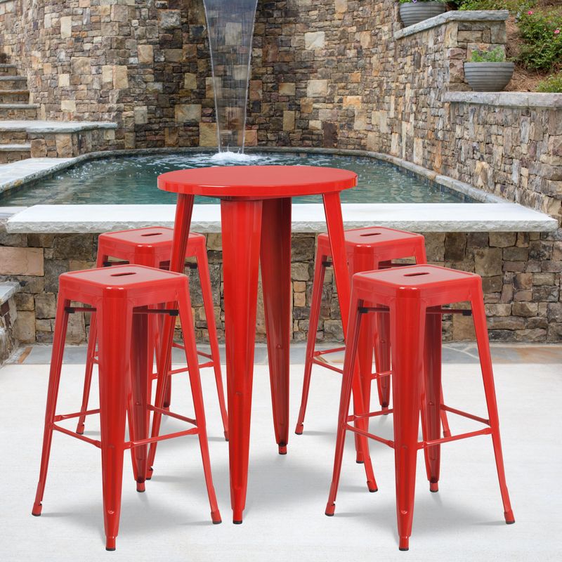 24'' Round Metal Indoor-Outdoor Bar Table Set with 4 Square Seat Backless Stools - Blue
