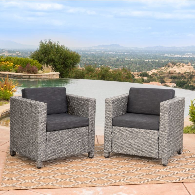 Puerta Outdoor Wicker Club Chair with Cushions (Set of 2) by Christopher Knight Home - Dark Brown with Beige Cushion