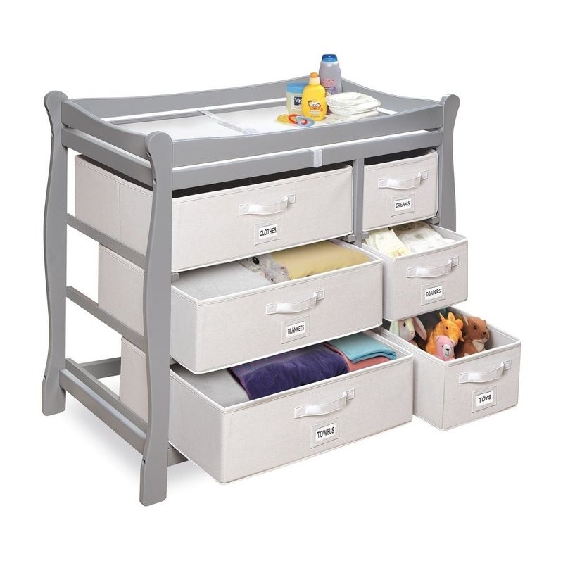 Sleigh Style Baby Changing Table with Six Baskets - White/White Baskets