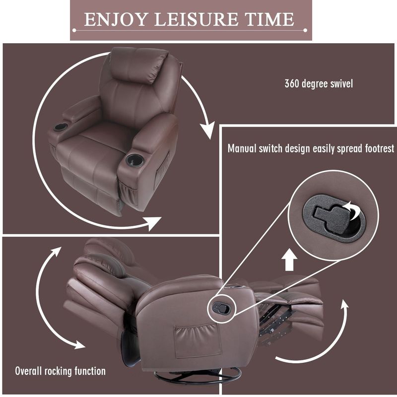 Homall Massage Recliner Chair Swivel Heating Leather Living Room Sofa - Brown