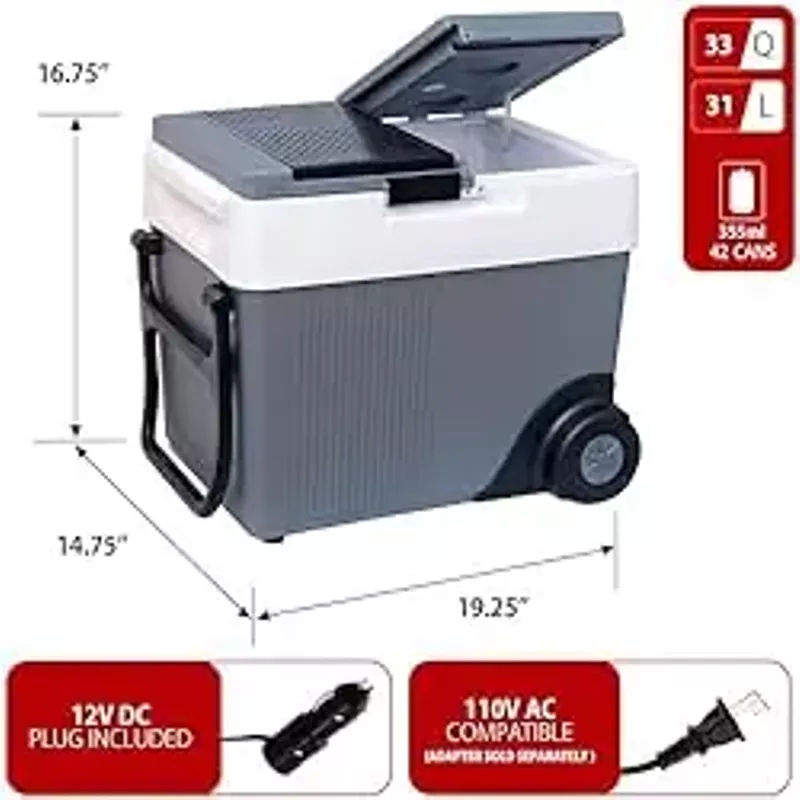Koolatron Electric Portable Cooler Plug in 12V Car Cooler/Warmer 33 qt (31 L) w/Wheels, No Ice Thermo Electric Portable Fridge for Camping, Travel Road Trips with 12 Volt DC Power Cord, Gray/White.
