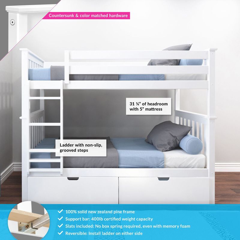 Max & Lily Twin over Twin Bunk Bed with Under Bed Storage Drawers - White