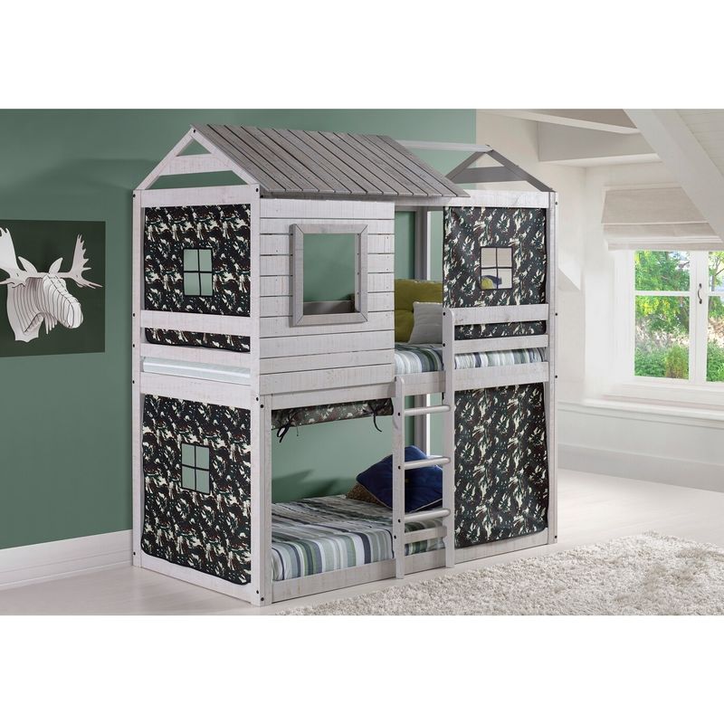 Donco Kids Loft-Style Light Grey Twin over Twin Bunk Bed - Camo Tent - Twin over Twin