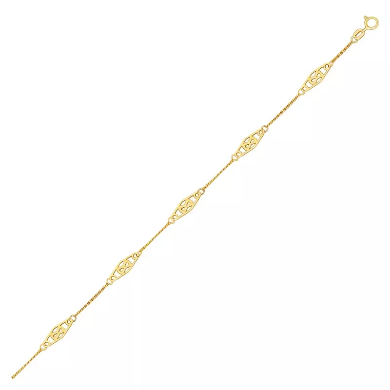 14k Yellow Gold Anklet with Fancy Diamond Shape Filigree Stations (10 Inch)