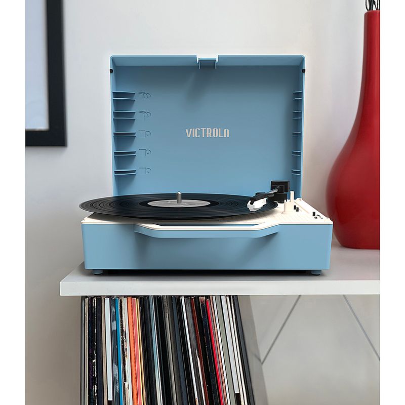 Alt View Zoom 27. Victrola - Re-Spin Sustainable Bluetooth Suitcase Record Player - Light Blue