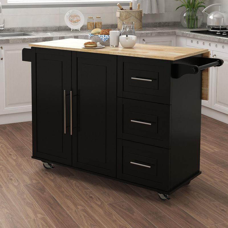 Nestfair Lomas Kitchen Island with Spice Rack Towel Rack and Extensible Solid Wood Table Top - Black