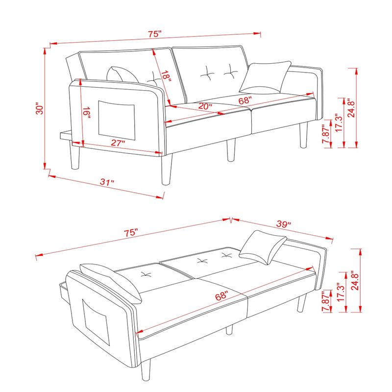 Convertible Futon Sofa Bed with Solid Wood Legs in Cotton Linen Fabric - Blue