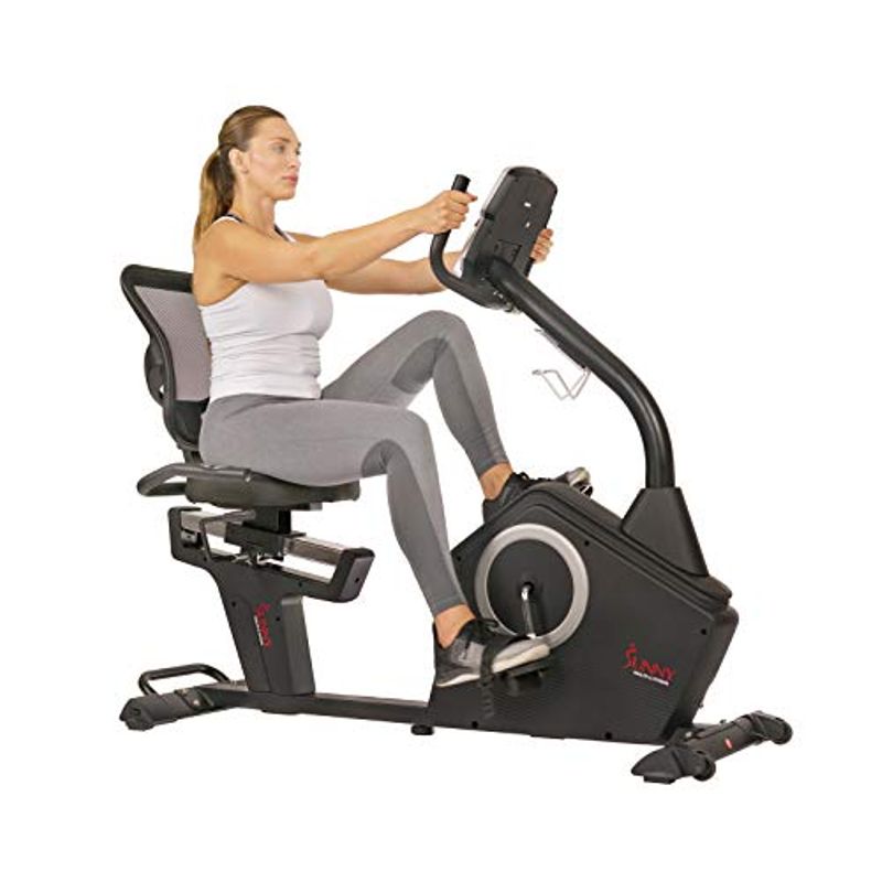Sunny Health & Fitness Magnetic Recumbent Exercise Bike with Large Soft Comfort Seat with Mesh Back, 12 Preset or Custom Workouts and...