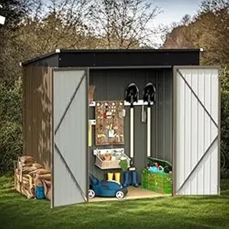 Greesum Outdoor Storage Shed All Weather 6FTx4FT Metal Garden Shed with Lockable Double Doors for Garden Tools, Toys and Sundries,Brown