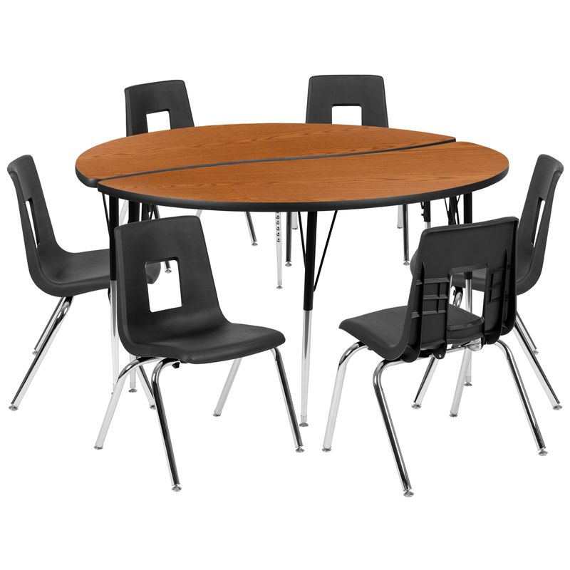 60" Circle Wave Collaborative Laminate Activity Table Set with 18" Student Stack Chairs, Grey/Black - Grey