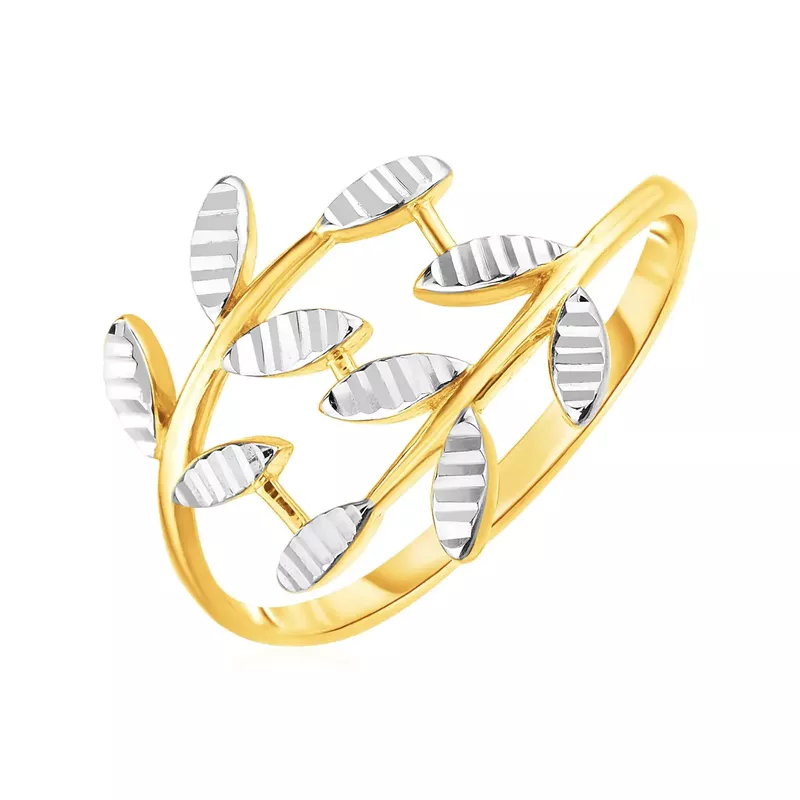 14k Two Tone Gold Crossover Ring with Textured Leaves (Size 7)
