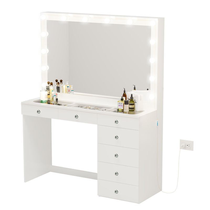 Boahaus Serena Lighted Vanity with Glass Top (White) - White-Gold Knobs