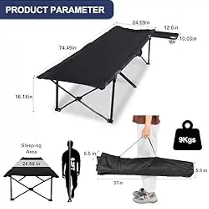 YSSOA Folding Camping Cot with Storage Bag for Adults, Portable and Lightweight Sleeping Bed for Outdoor Traveling, Hiking, Easy to Set up (Color: Black), 1 Pack