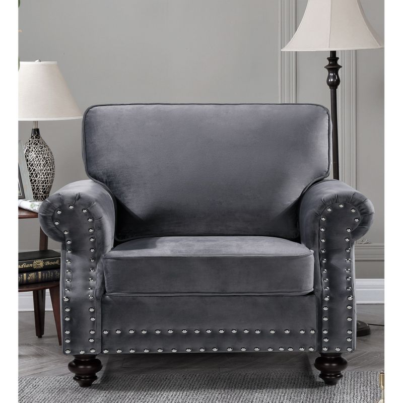 Ramos Nailhead Velvet 3-Piece Set-Loveseat Sofa and Chair - Grey