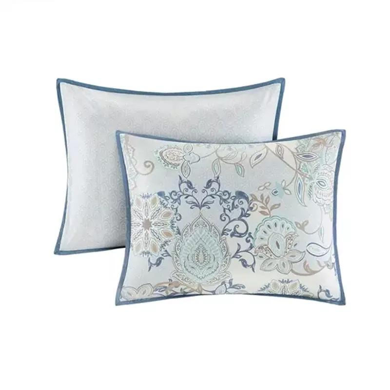 Blue Isla 8 Piece Cotton Floral Printed Reversible Comforter Set Queen