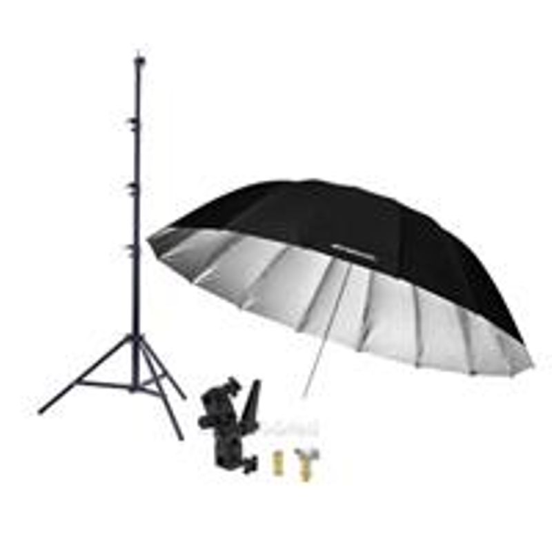 Westcott 7 Feet Silver Parabolic Umbrella BUNDLE with Umbrella Bracket / Adjutsable Flash Mount, 9.5' Black Lightstand