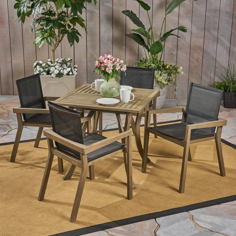 Chaucer Outdoor 4-Seater Square Acacia Wood Mesh Seats Dining Set by Christopher Knight Home - gray + black