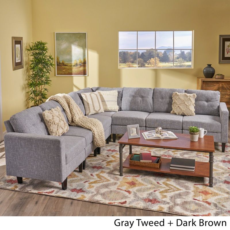 Delilah Mid-century 7-pc. Extended Sectional Sofa Set by Christopher Knight Home - gray tweed cushion + dark brown