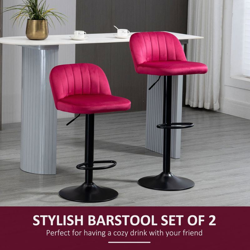 HOMCOM Adjustable Bar Stools Set of 2, Velvet Counter Height Barstool, Upholstered Kitchen Stool with Swivel Seat, Steel Frame - Black