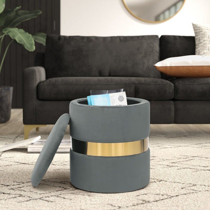 Adeco Set of 2 Velvet Storage Round Ottoman Foot Stool Metal Band - Teal