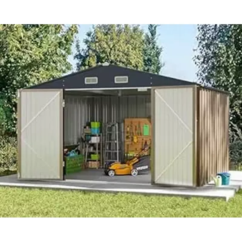 Greesum Metal Outdoor Storage Shed 10FT x 8FT, Steel Utility Tool Shed Storage House with Door & Lock, Metal Sheds Outdoor Storage for Backyard Garden Patio Lawn (10' x 8'), Brown