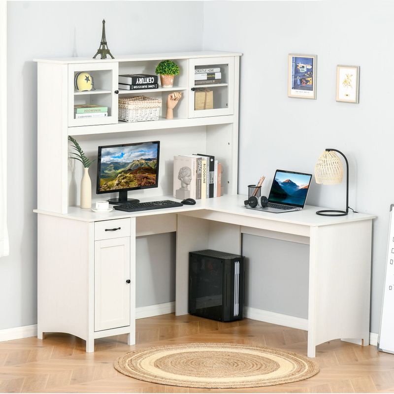HOMCOM L-Shaped Desk with Hutch, Computer Desk with Drawers, Home Office Corner Desk Study Workstation Table - Grey