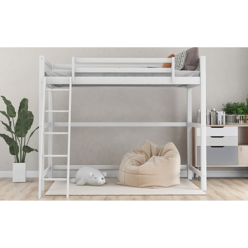 Solid Wood Twin Size Loft Bed with Ladder(White) - White