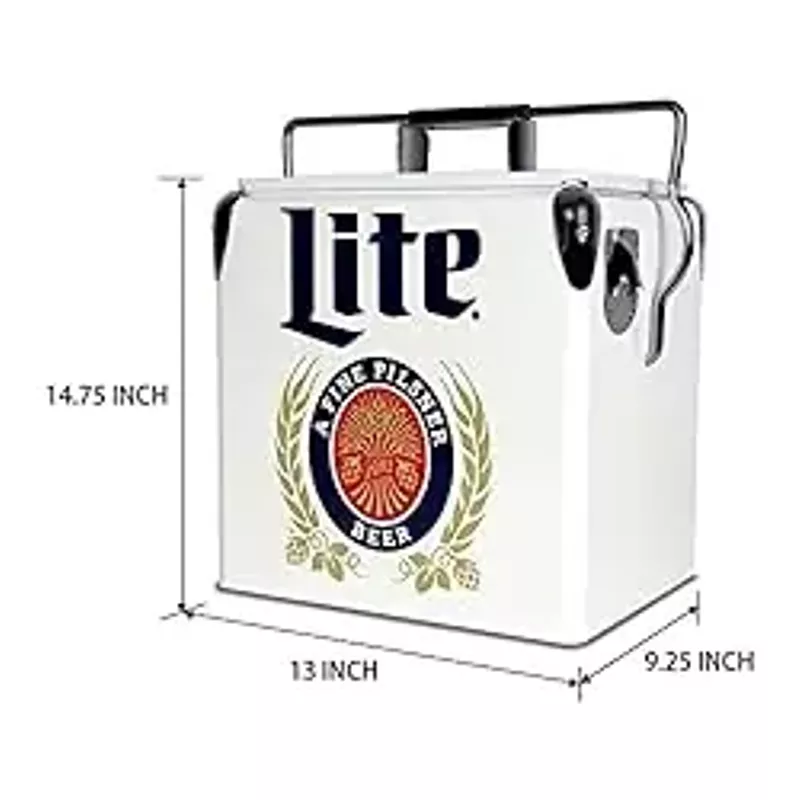 Miller lite Retro Ice Chest Cooler with Bottle Opener 13 L /14 Quart, Red and Silver, Vintage Style Ice Bucket for Camping, Beach, Picnic, RV, BBQs, Tailgating, Fishing