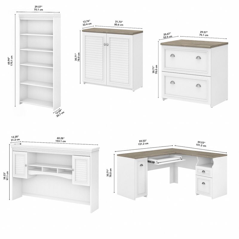 L-shaped Desk/Hutch/Cabinets/Bookcase - Antique White