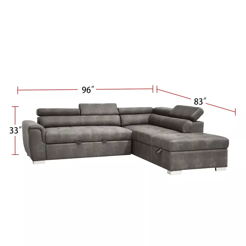 Gray Polished Microfiber Sectional Sofa with Sleeper and Ottoman - Grey - Right Facing